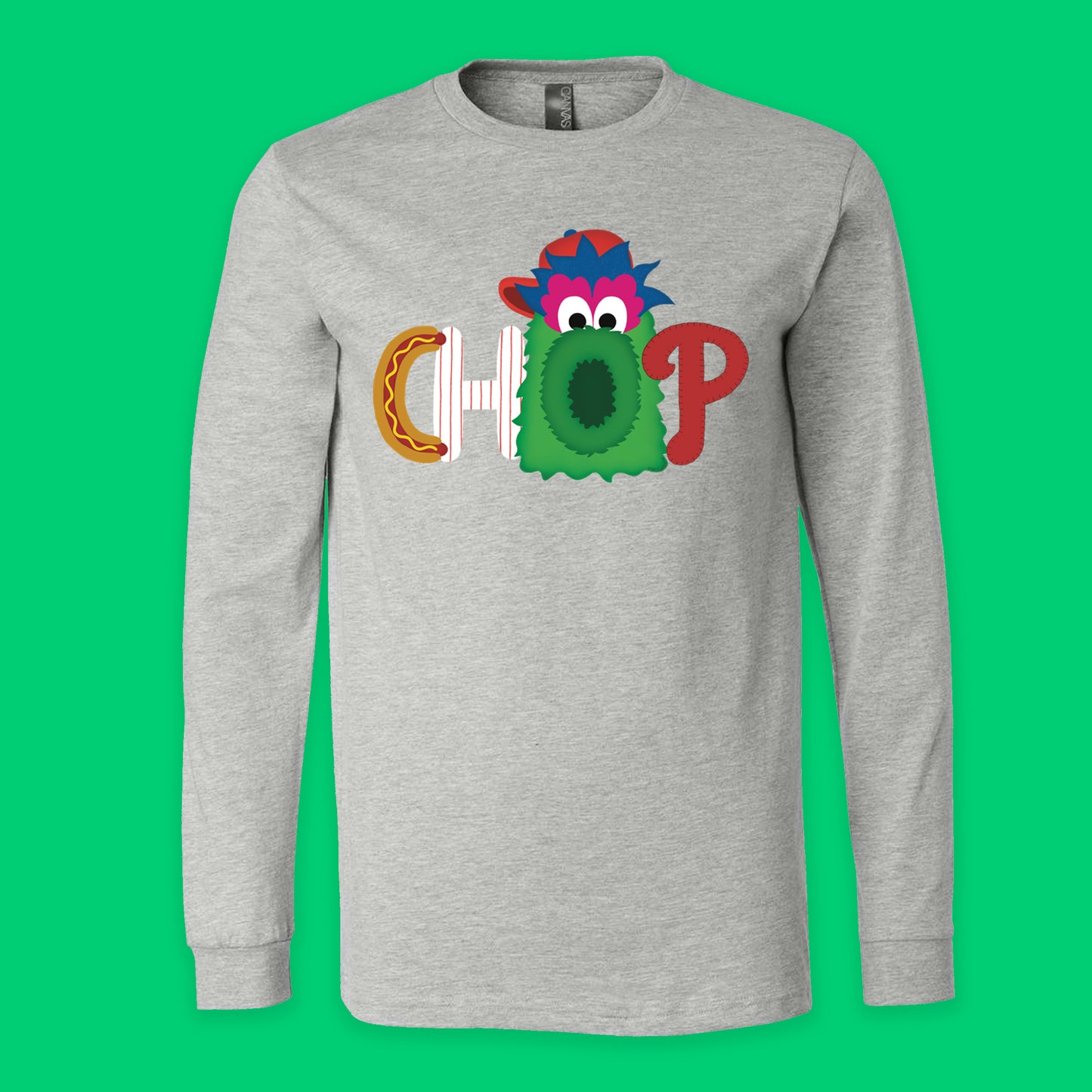 CHOP Philly baseball mascot heather gray long sleeve tee - PRINTED-TO-ORDER (ships from local print shop)