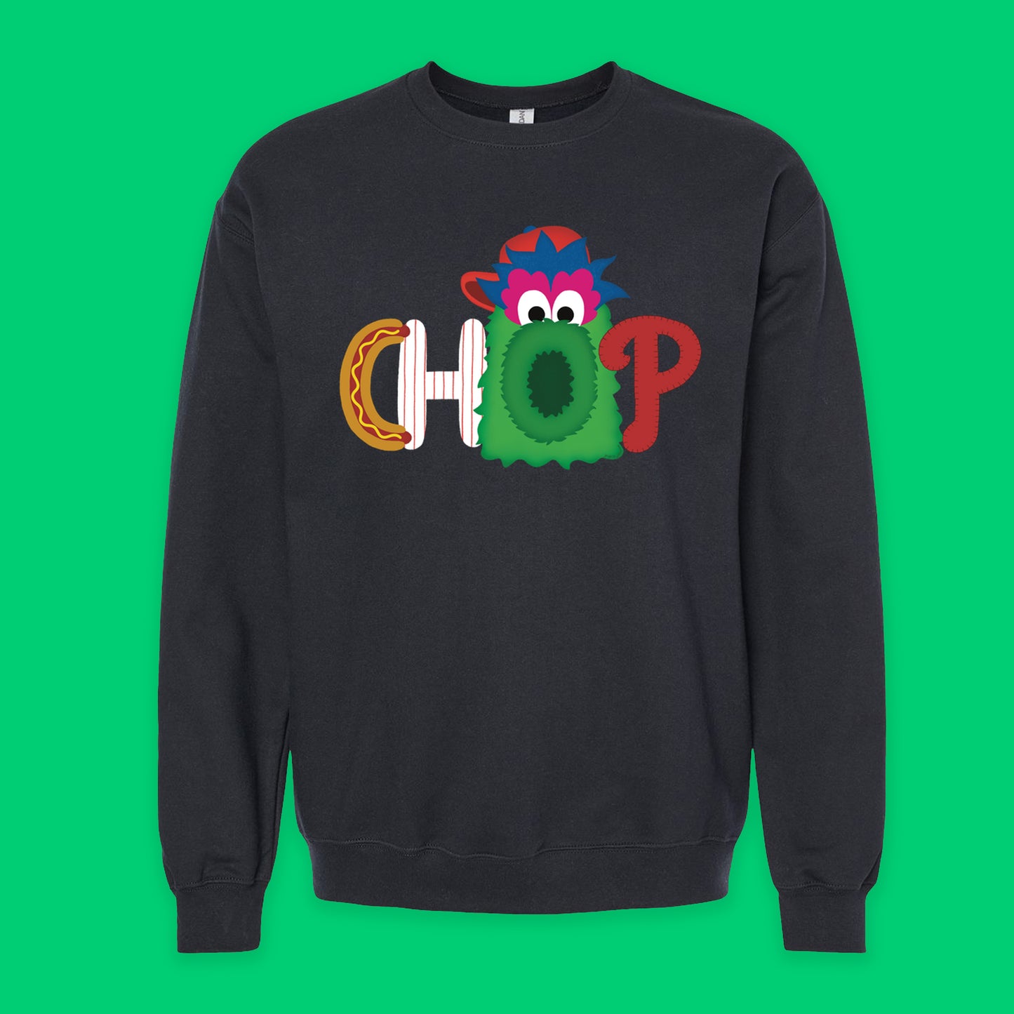 CHOP Philly baseball mascot black crewneck sweatshirt - PRINTED-TO-ORDER (ships from local print shop)