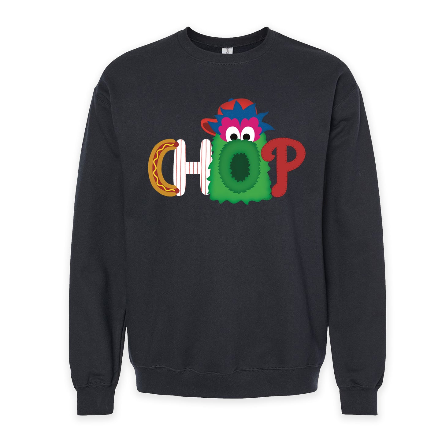 CHOP Philly baseball mascot black crewneck sweatshirt - PRINTED-TO-ORDER (ships from local print shop)