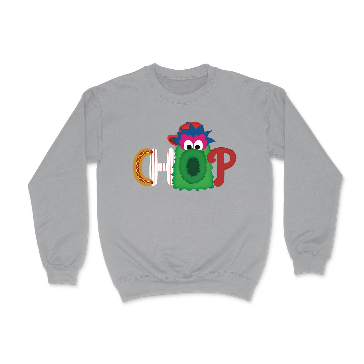 CHOP Philly baseball mascot heather gray crewneck sweatshirt - PRINTED-TO-ORDER (ships from local print shop)