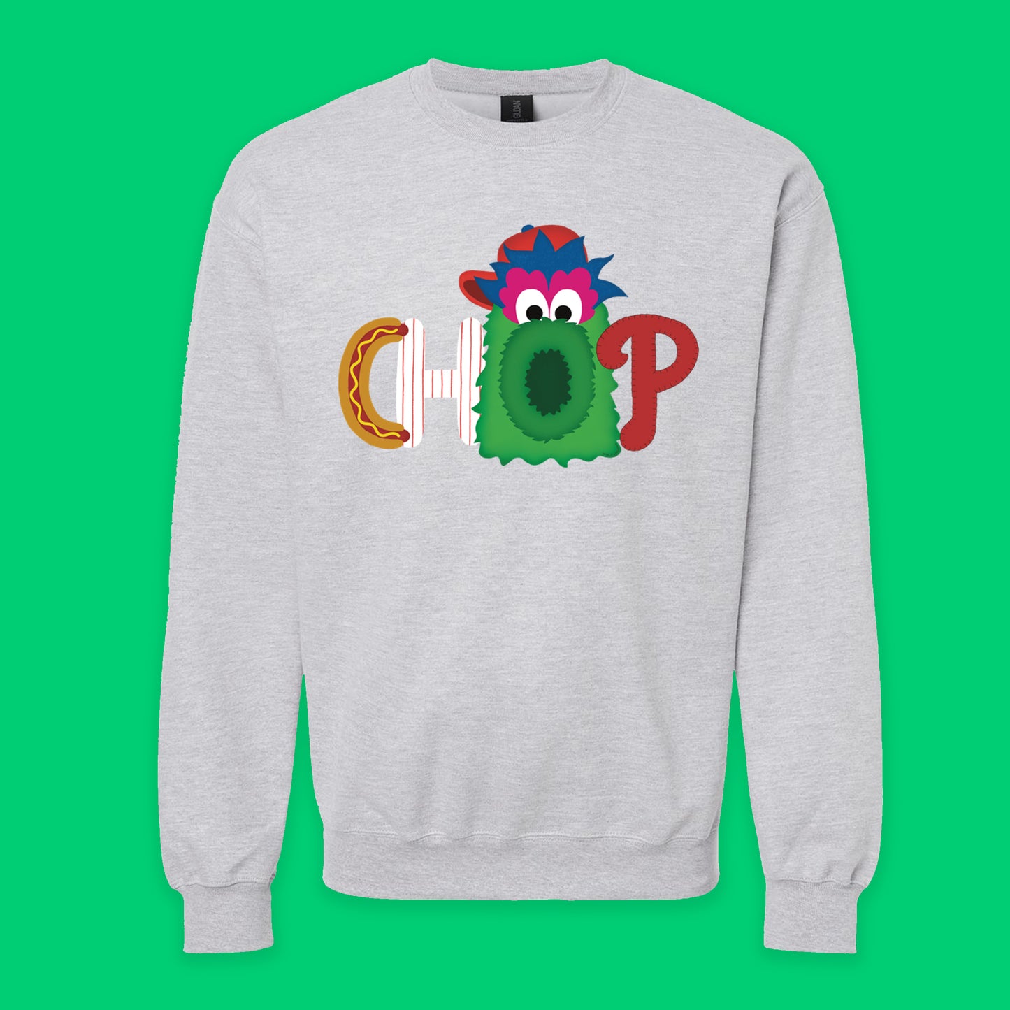 CHOP Philly baseball mascot heather gray crewneck sweatshirt - PRINTED-TO-ORDER (ships from local print shop)