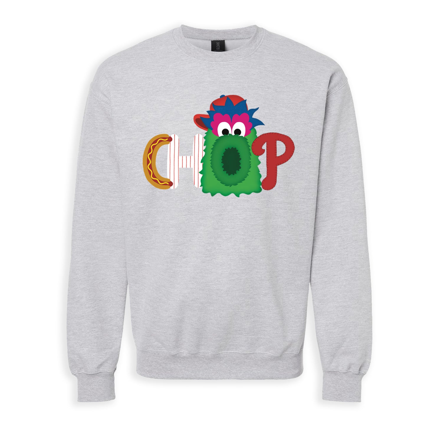 CHOP Philly baseball mascot heather gray crewneck sweatshirt - PRINTED-TO-ORDER (ships from local print shop)
