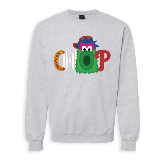 CHOP Philly baseball mascot heather gray crewneck sweatshirt - PRINTED-TO-ORDER (ships from local print shop)
